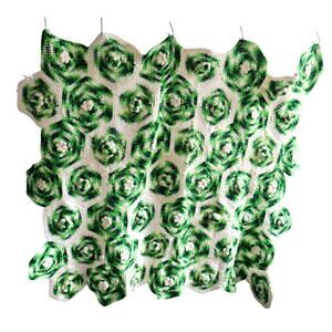 Handmade Green Hexagon Crochet Blanket 48x48 3D Flower Granny Throw